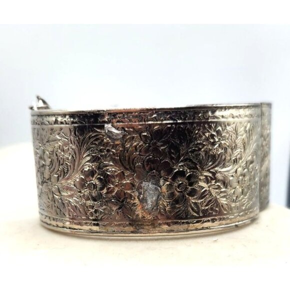 Silver Tone Cuff Bracelet With Safety Chain, Floral Etching - Picture 2 of 4